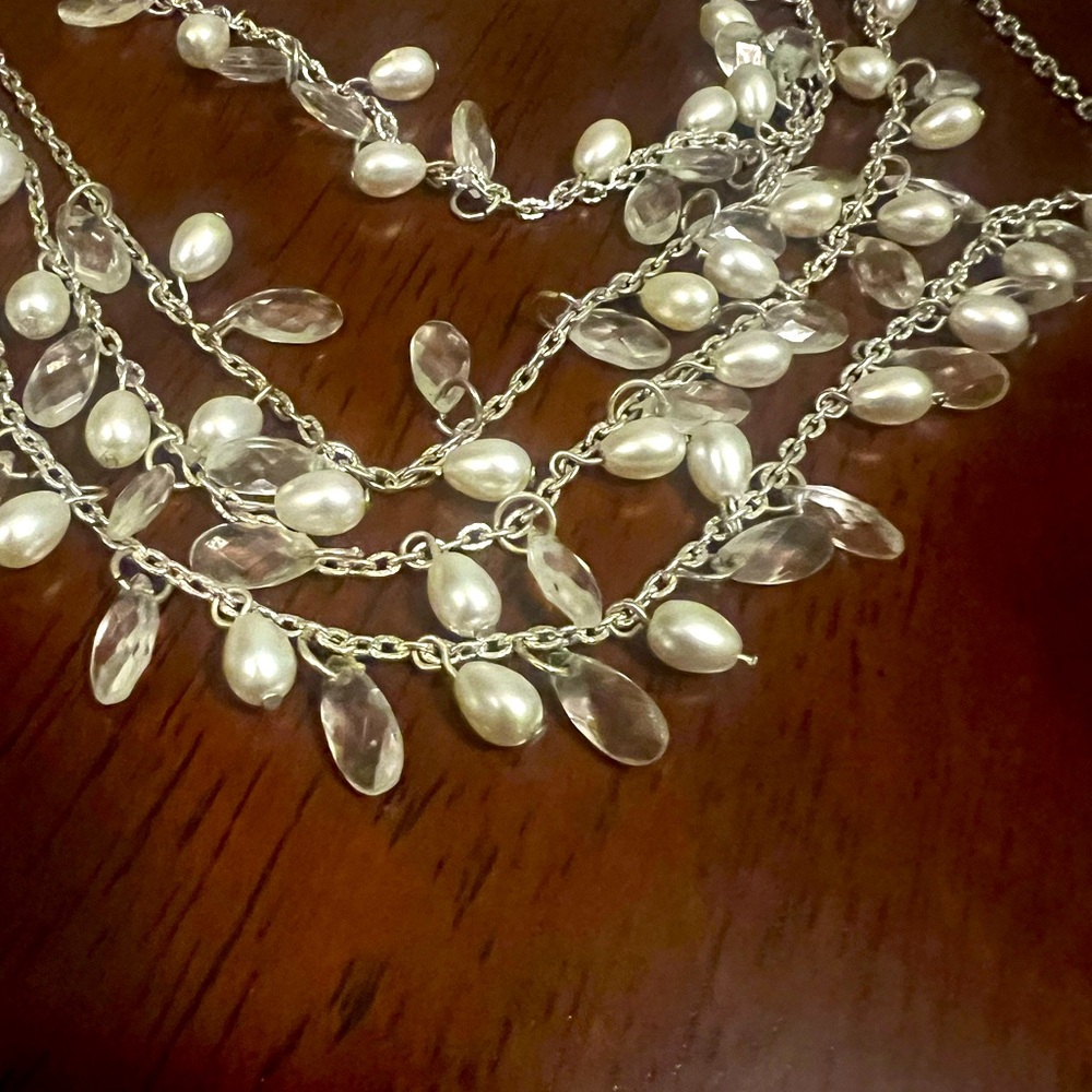 Faux Pearl and Sparkle Silver Tone Choker Necklace